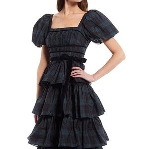 NWT Antonio Melani Maisie Tiered Ruffle Plaid Print Smocked Bodice Dress